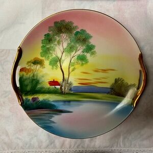Vintage NORITAKE hand painted plate with gold handles. Country scene